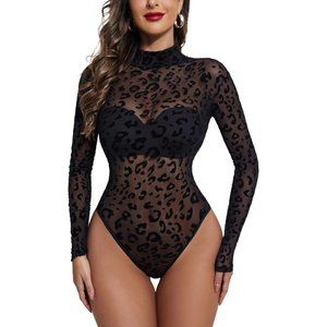 Women's Turtleneck Bodysuit Sheer Mesh Shirt Tops Stretchy Mesh Top-Multi-2
